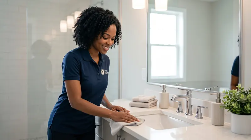 Pearl cleaner wiping a bathroom sink