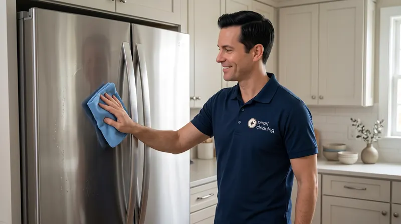 Pearl cleaner wiping down the refrigerator