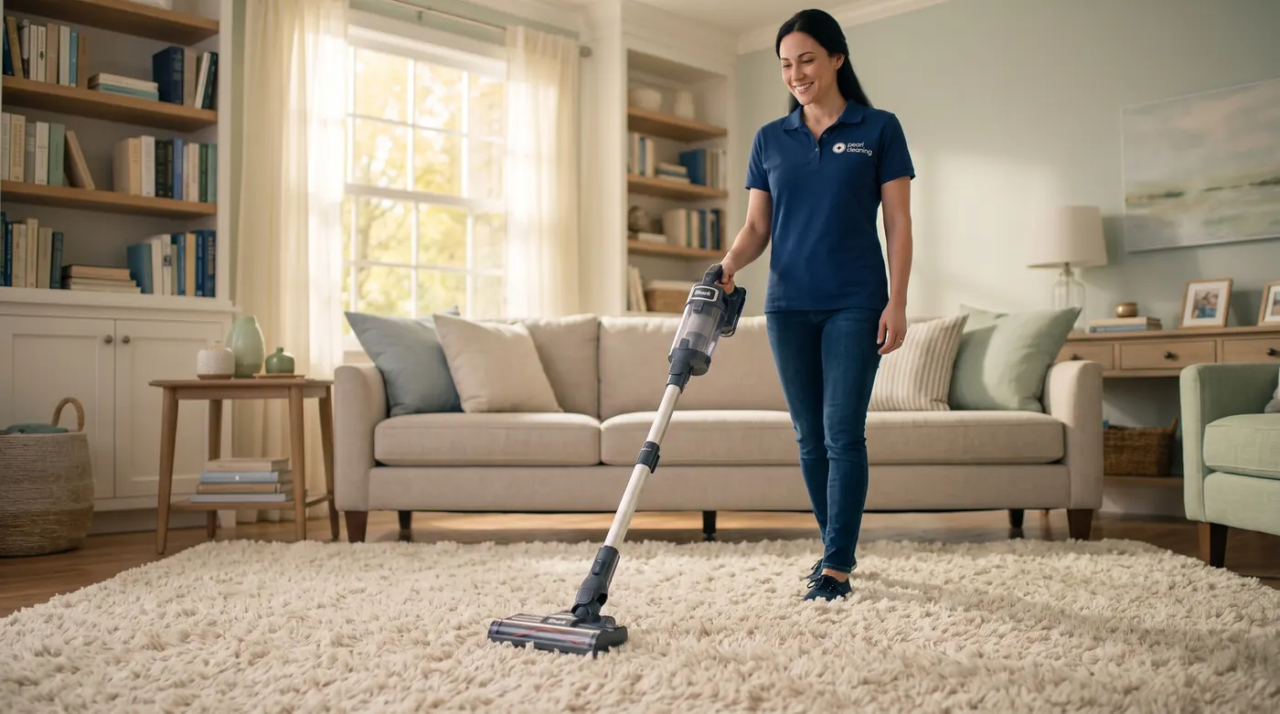 Pearl cleaner vacuuming a living room